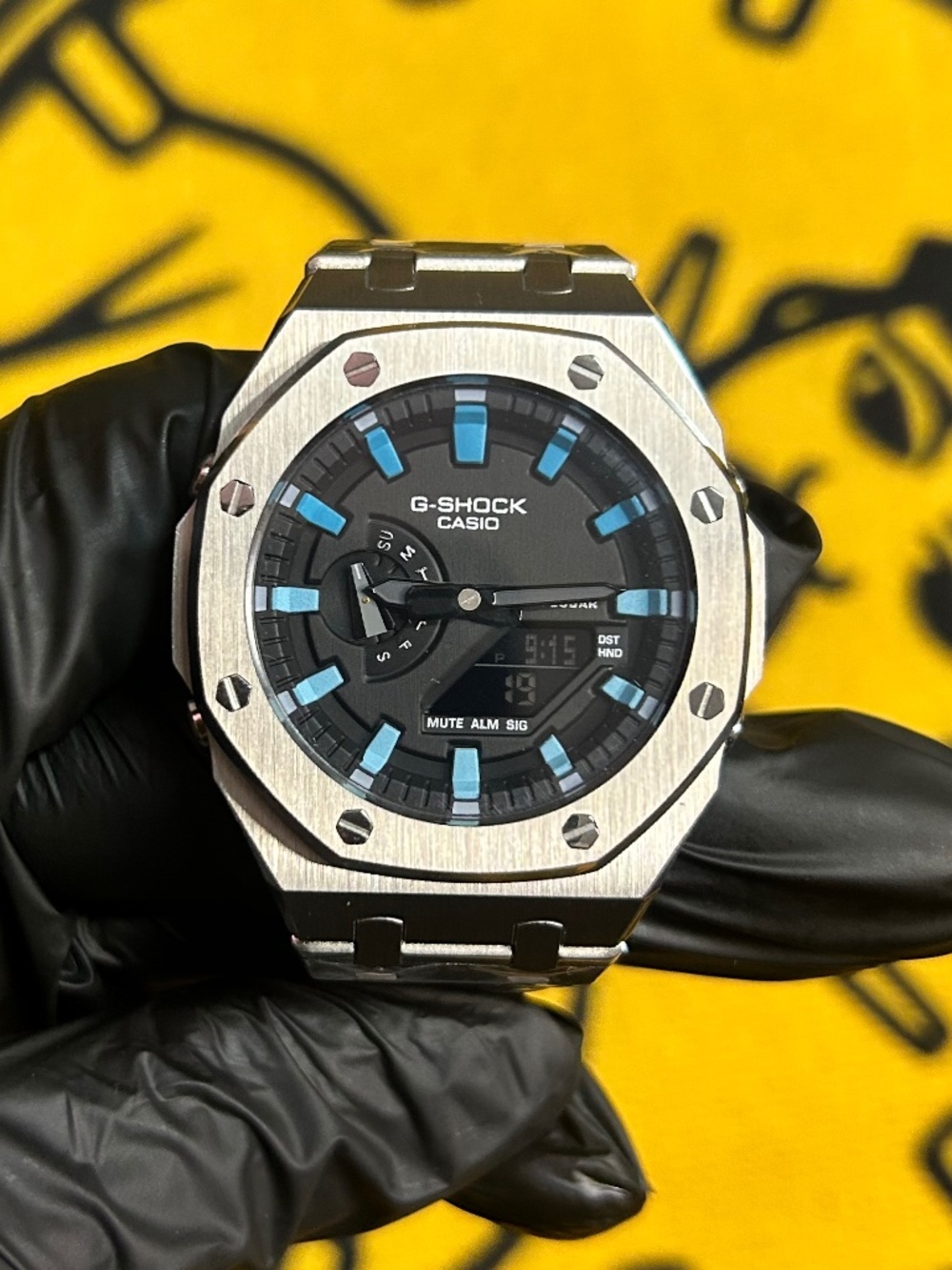 Custom G-Shock Octagon Steel Watch Men's Black Dial Sky Blue One of a Kind